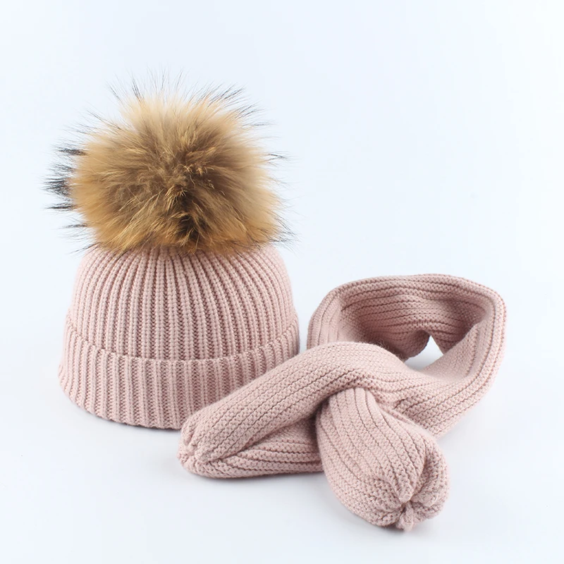 Зимняя шапка и шарф костюм для детей из натурального меха с помпоном Теплая вязка Кроличья шапка Шапки Мальчики Девочки дети 2019