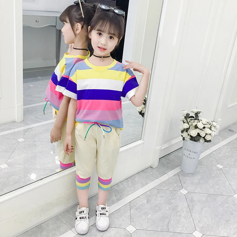

Casual Girls Clothes Sets Rainbow Stripe Short Sleeve T-shirts + Short Pants Two Piece Baby Kids Clothes Fashion Girls Suits
