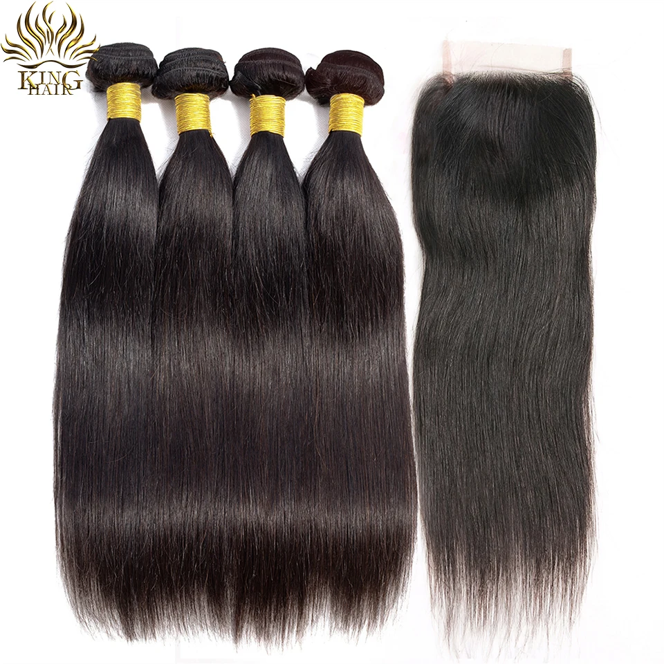 

King Hair Peruvian Straight Hair 3 Bundles With Closure 100% Remy Human Hair Bundles With Closure 4*4 Middle Free Three 3 Option