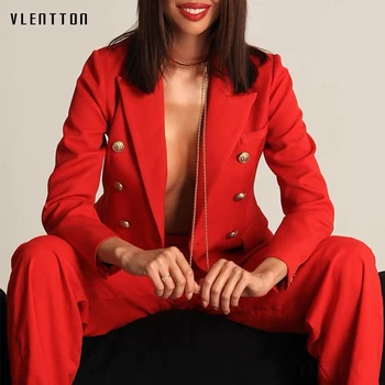 

2019 Red Plus Size Jacket Blazer Women's Outerwear Long Sleeve Lion Buttons Double Breasted Elegant Office Ladies Blazers Coat