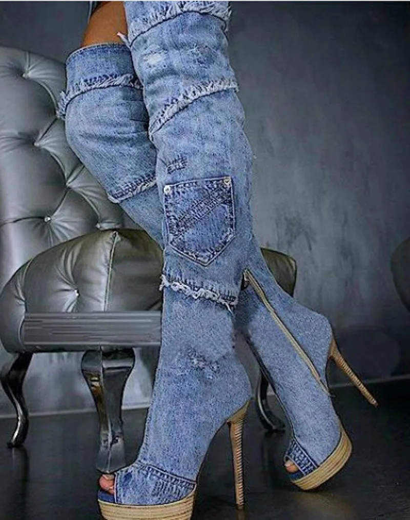 

2015 unique design blue demin peep toe high platform boots woman thin heel gladiator boots