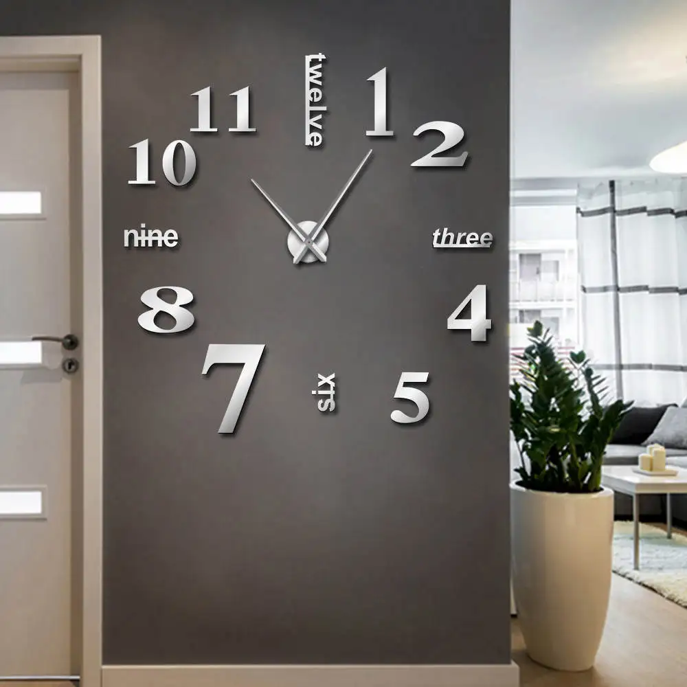 Nouveau sans cadre À faire soi-même Mur Mute Horloge 3D Mirror Surface Sticker Home Office Decor 