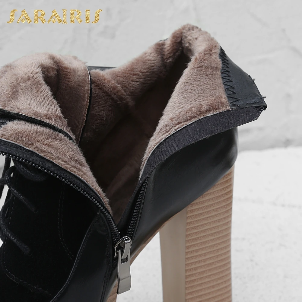 SARAIRIS/Коллекция года; большие размеры 32-42; плюшевые зимние ботинки на меху; женские ботильоны на платформе с квадратным каблуком; теплая женская обувь