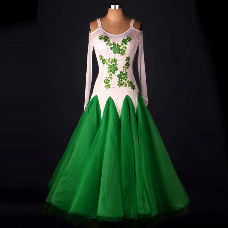 

Ballroom Dance Dress Women 2017 New Long Sleeve Green Standard Tango Waltz Flamenco Ballroom Competition Dance Skirt Adult