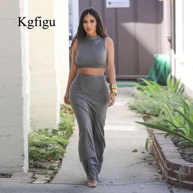 Gray Stretchy Snug Kylie Jenner Outfits Women Party Tank Tops And Long Ruched Skirts Sets Summer Two Piece Matching Tracksuit