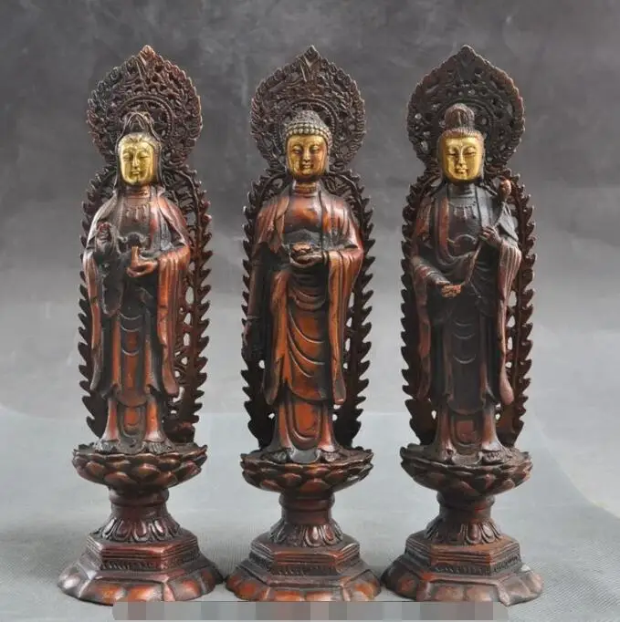 

S03651 8" Tibet buddhism bronze gilt Sakyamuni Kwan-yin Bodhisattva 3 God Buddha statue