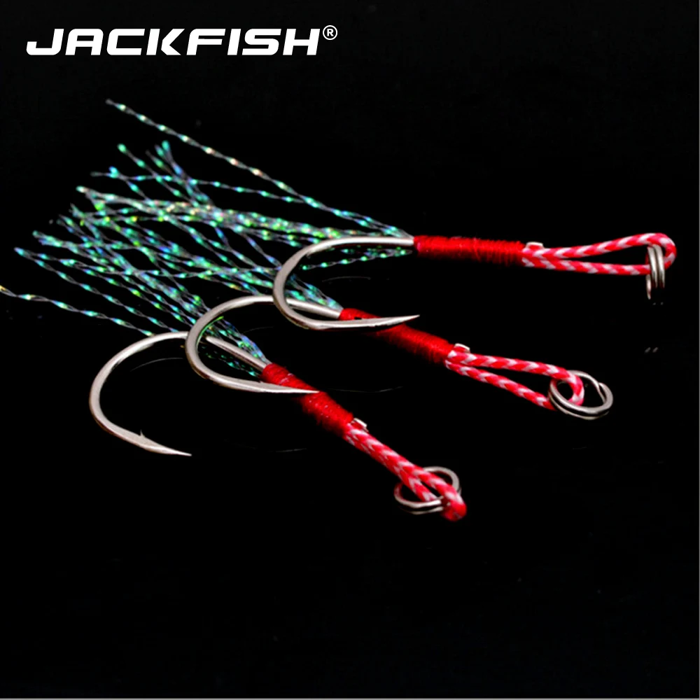 JACKFISH 10pcs/lot High Carbon Steel Fishing Hooks with Line feather roped Fishhook Barbed Hooks Fishing Tackle 20KG/44Ib