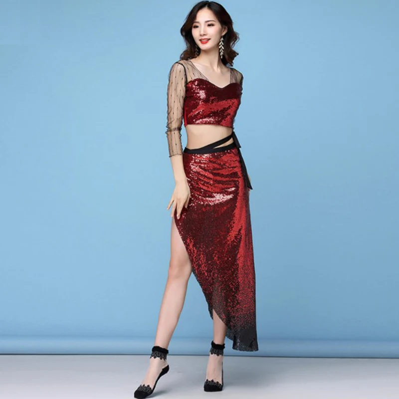 Free Shipping Sexy Sequin Belly Dancing Set Shinning Suit For Women