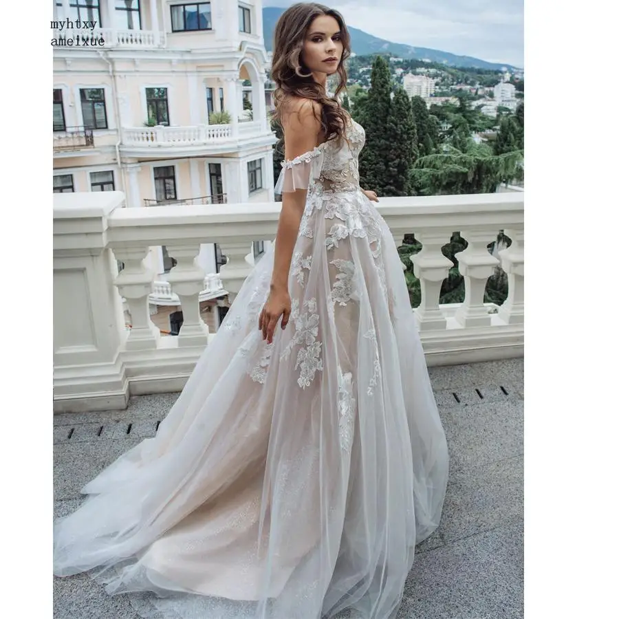 

2019 New Arrival Sleeveless Tulle Sweetheart Floor-length Button A-line Off The Shoulder Illusion Sexy Wedding Dresses Turkey