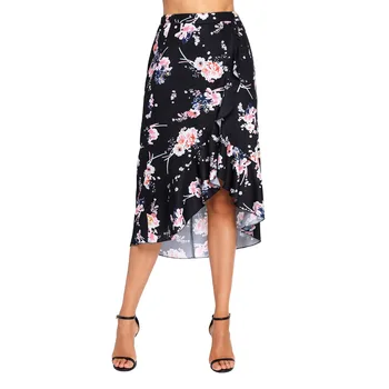 

Women Vintage Floral Ruffle Wrap Skirt High Waist Black Pink Bohemian Beach Bodycon Midi Skirt 2018 Summer New A