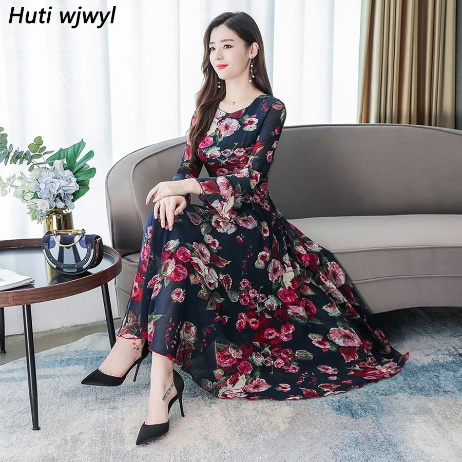 

2019 Vintage 3XL Plus Size Floral Chiffon Boho Dresses Autumn Winter Long Sleeve Maxi Dress Women Elegant Bodycon Party Vestidos