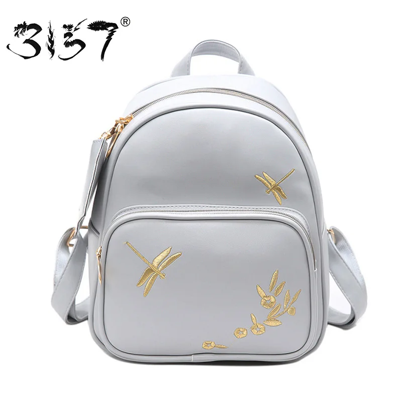 

fashion women leather backpack set handmade embroidery dragonfly floral school bags for girls small newest female backpacks 3157