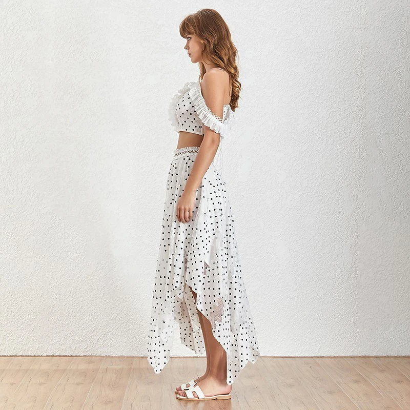 TWOTWINSTYLE-Polka-Dot-Women-Suit-Strap-Off-Shoulder-Hollow-Out-Short-Sexy-Tops-High-Waist-Irregular