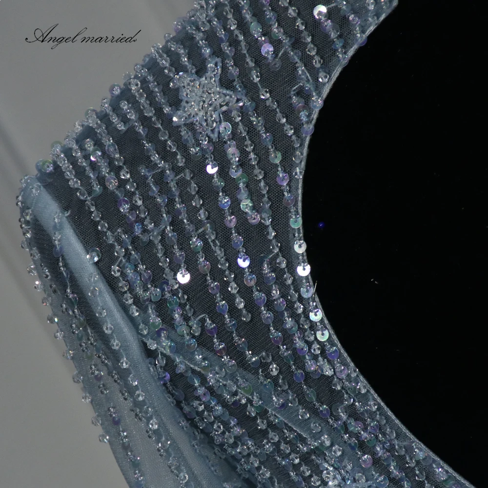 elegant blue Evening Dresses long sleeve banquet dress beaded women pageant gown a line tulle prom dress vestido de festa