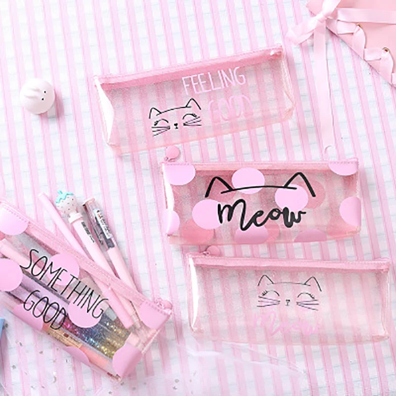 

Kawaii Cat Pencil Cases for girls Pink PVC transparent pen bag School Supplies Stationery pouch Pencil Box stationery organizer