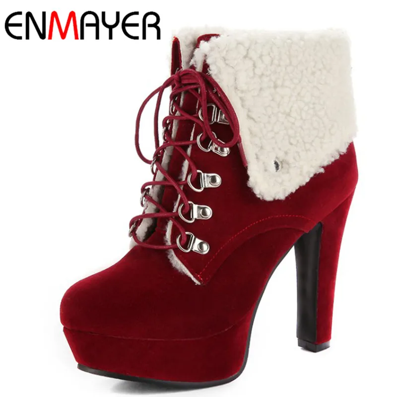 

ENMAYER High Heels Ankle Boot for Women Round Toe Work&Safety Boots Womens Large Size 34-43 Cross-Tied Lace-up Shoes