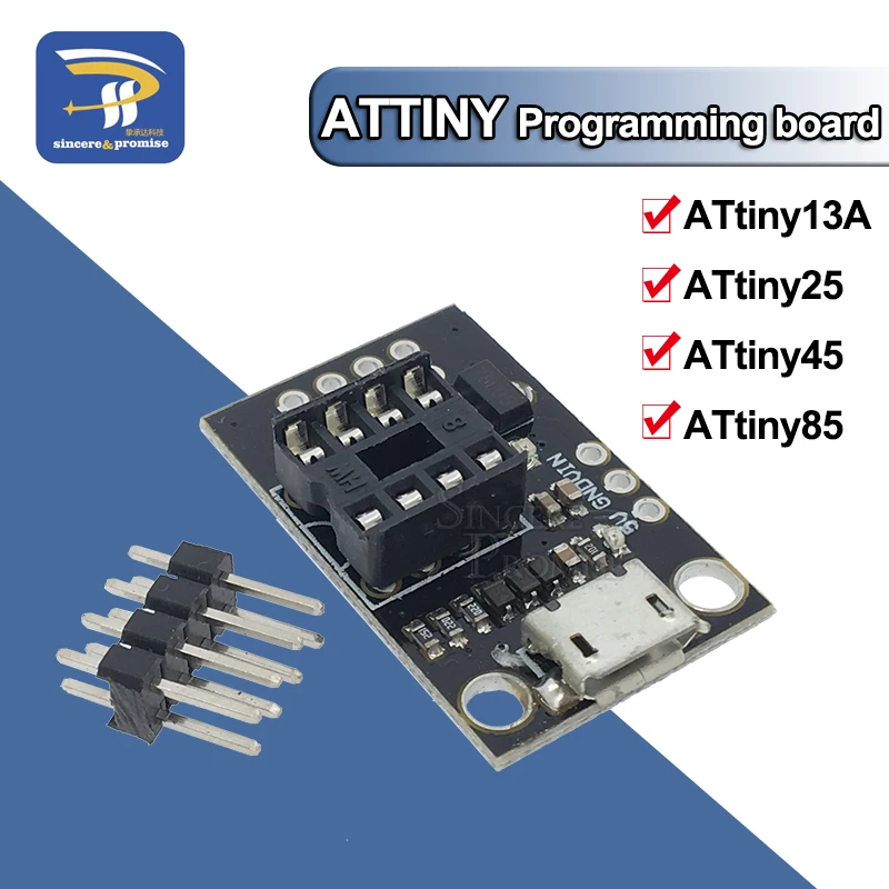 Подключаемая ATTINY макетная плата для ATtiny13A/ATtiny25/ATtiny45/ATtiny85, программирующий модуль, разъем питания Micro Usb