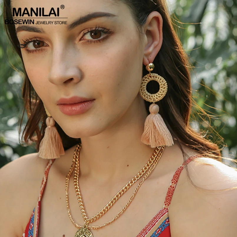 MANILAI pendientes largos con flecos para mujer, aretes circulares de mimbre paja, estilo bohemio, grande|Pendientes con forma de gota| AliExpress