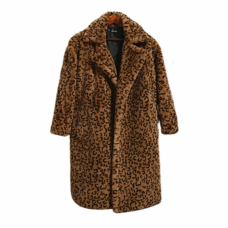 Женское зимнее длинное пальто из искусственного меха с отложным воротником, Женская Толстая теплая куртка из флока, модная леопардовая парка размера плюс Z1009