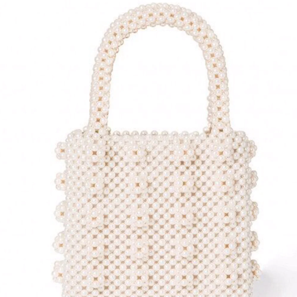 

2019 Women Fashion Vintage Buckets New Style Ins Super Hot Artificial Pearl Weaving Crossbody Solid Color Beading Totes