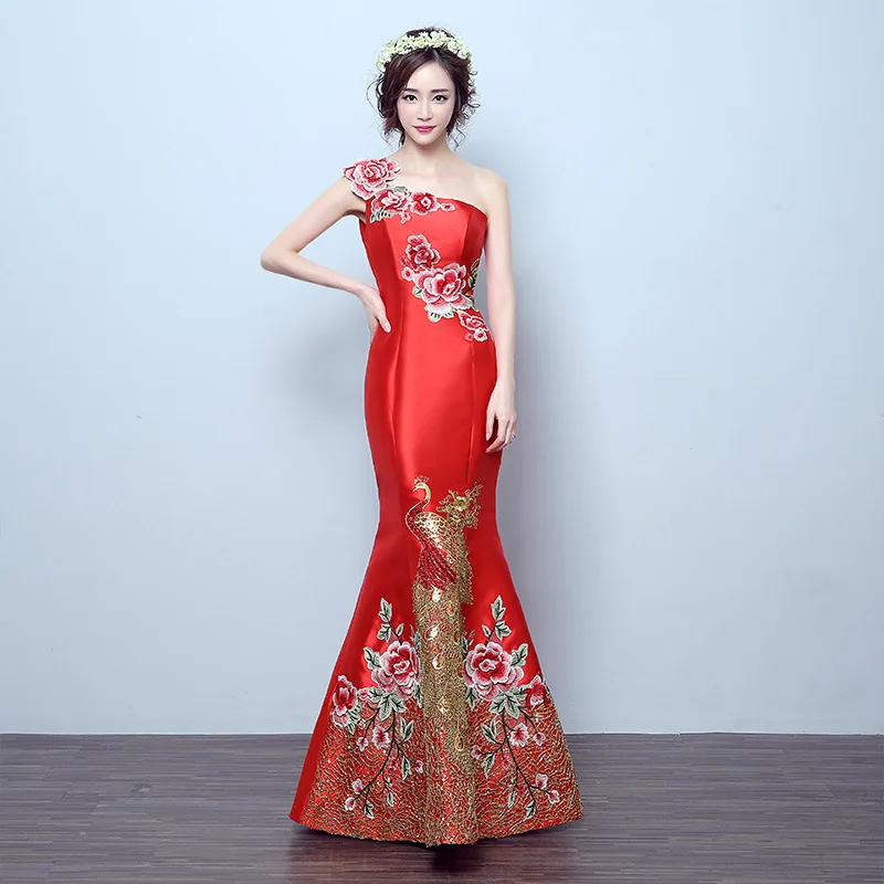 

RED Mermaid Tail Asian Style Short Sleeve Fashion Embroidery Bride Wedding Qipao Long Cheongsam Chinese Traditional Dress Retro