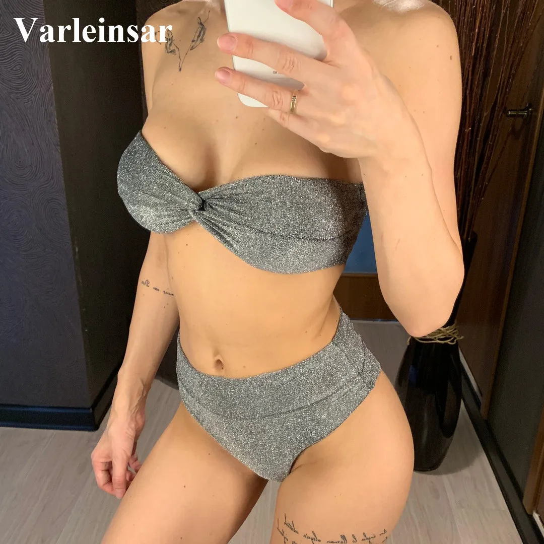 

Shiny Glitter Sparkling Swimsuit High Waist Bikini Women Swimwear Two-pieces Bikini set 2019 Bather Bathing Suit Swim Wear V1252