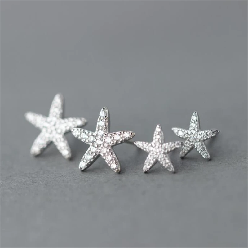 

New 100% 925 Sterling Silver Cute Tiny Star Starfish 12mm/9mm With Clear CZ Stud Earrings Fashion Women's Jewelry E1049