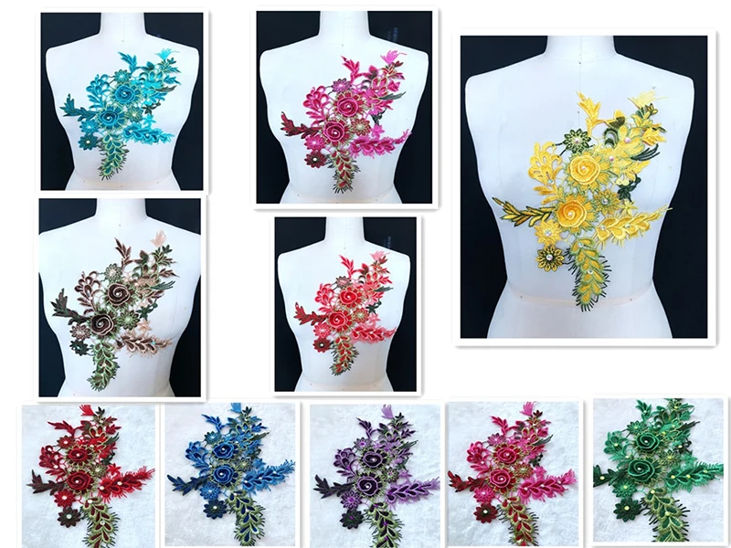 

1Piece Purple Red Green Blue Yellow Floral 3D Beaded Bridal Gown Lace Applique Embroidery Patches Trim Collar 35x21cm