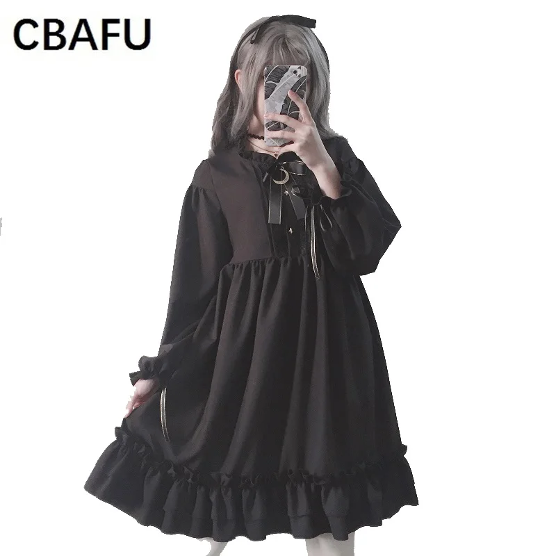 

CBAFU autumn loose short black chiffon dress women ruffles long sleeve bow tie casual party hippie chic korea cute dress N727