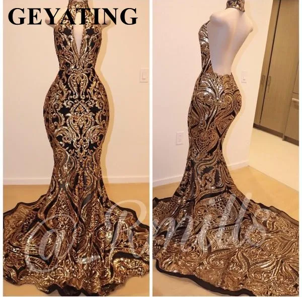 Sparkly Gold Sequin Long Mermaid Black African Prom Dresses 2020