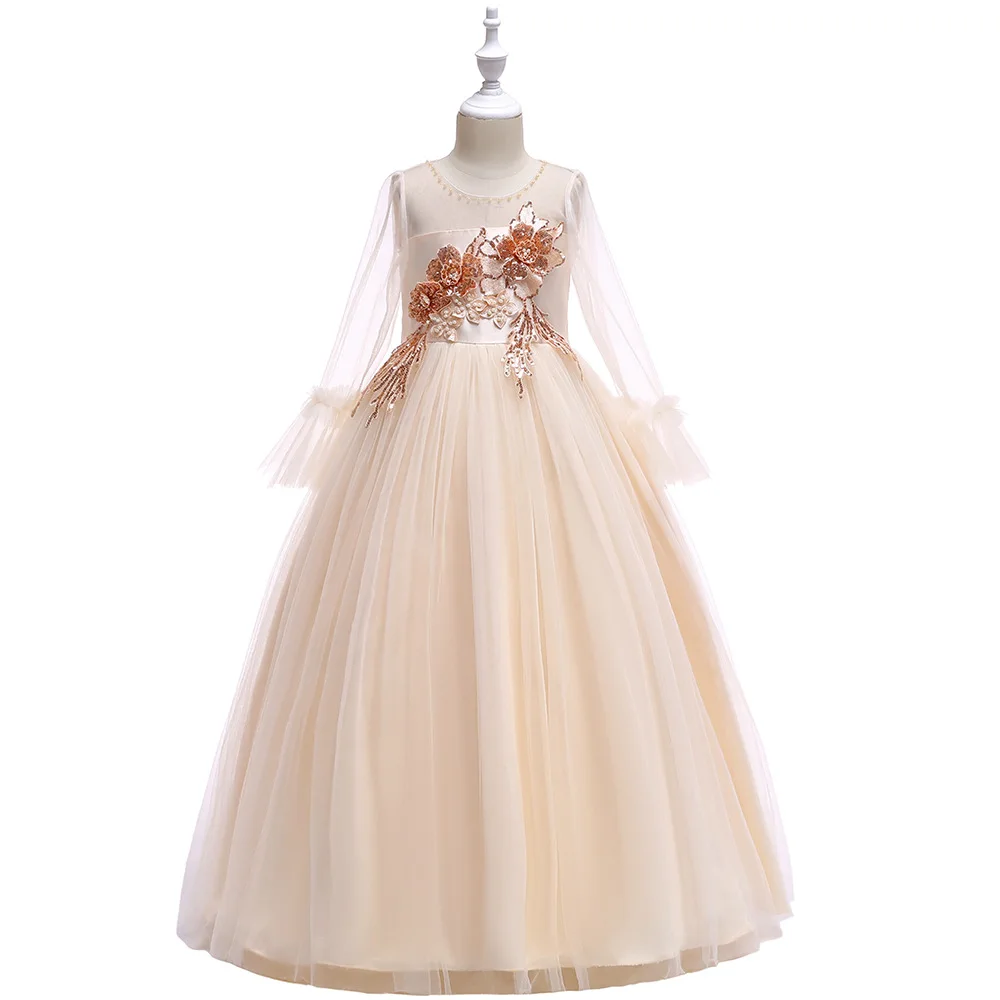 Детское кружевное элегантное платье принцессы с длинными рукавами на свадьбу для девочек 3-14 лет; платье для девочек-подростков в новейшем стиле - Цвет: D4