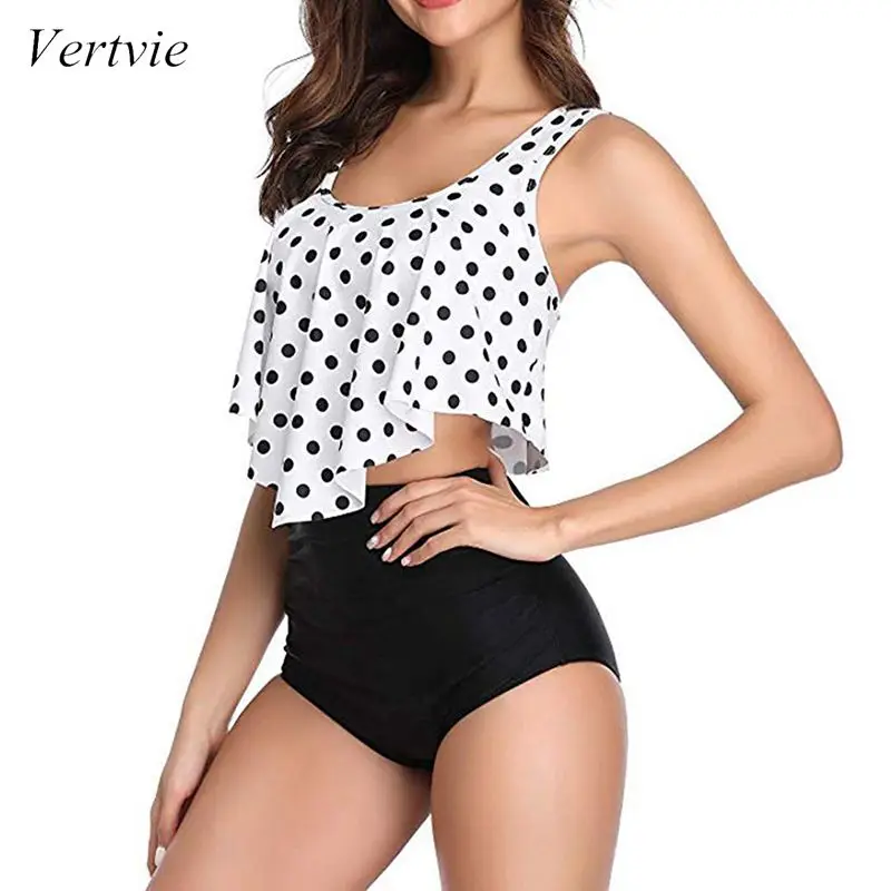 

Vertvie 2019 New Summer Women's Two Pieces Swimsuit Set Print Ruffles High Bottom Swimwear Wave Point Bathing Suit