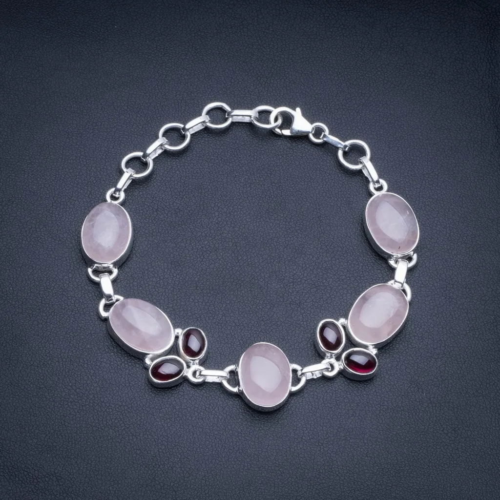 

Natural Rose Quartz and Garnet 925 Sterling Silver Tennis Bracelet 6 1/2-7 3/4" R2549