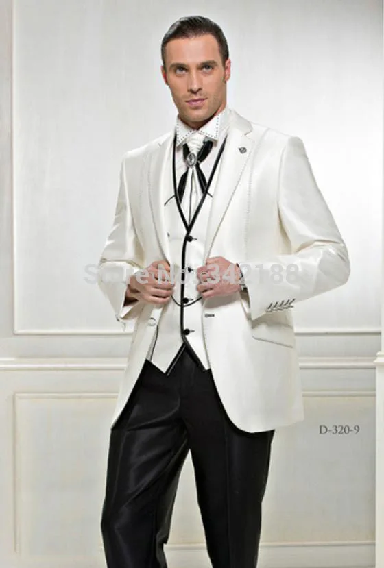 Custom made New Groom Tuxedos Best man Wedding Groomsman Suit Groomsman Black ivory Bridegroom Suits (Jacket+Pants+Tie+Vest)