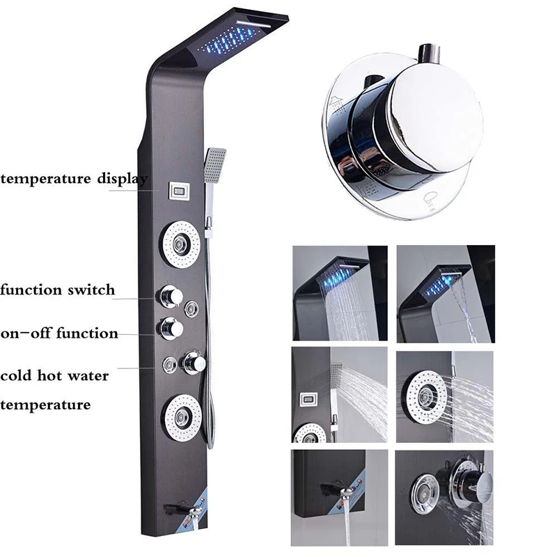 Бронзовый светодиодный светильник, душевая панель, Цифровой температурный дисплей, душевая колонка, кран, система массажных струй, водопад, дождевой Душ