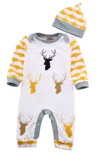2016 NEW 2Pcs Baby Boys Girls Long Sleeve Deer Warm Cotton Wave Romper Jumpsuit Hat Outfits Clothes