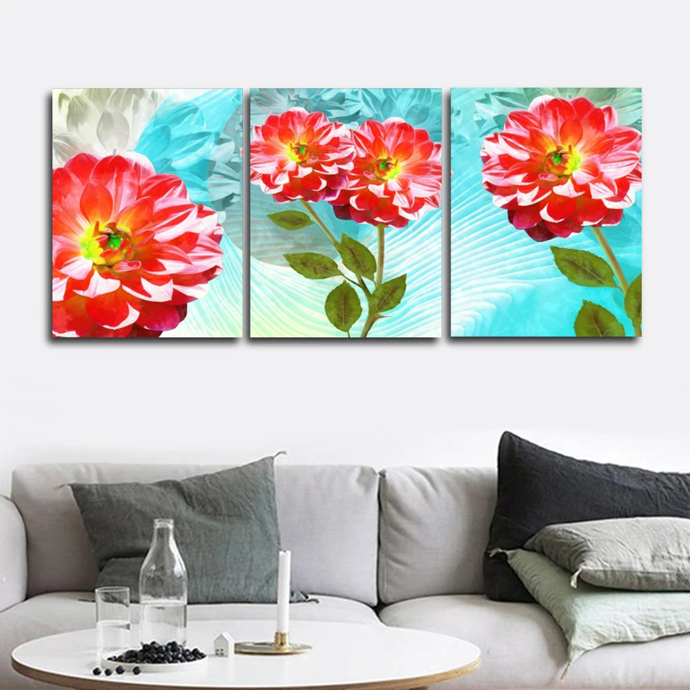 

Laeacco Canvas Calligraphy Painting Modern 3 Panel Blooming Flower Posters and Prints Wall Art For Home Living Room Decoration