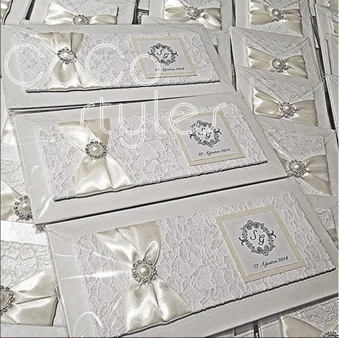  Cocostyles personalized elegant lace invitation card with pearl brooch and satin ribbon for dreamli - 32865120475