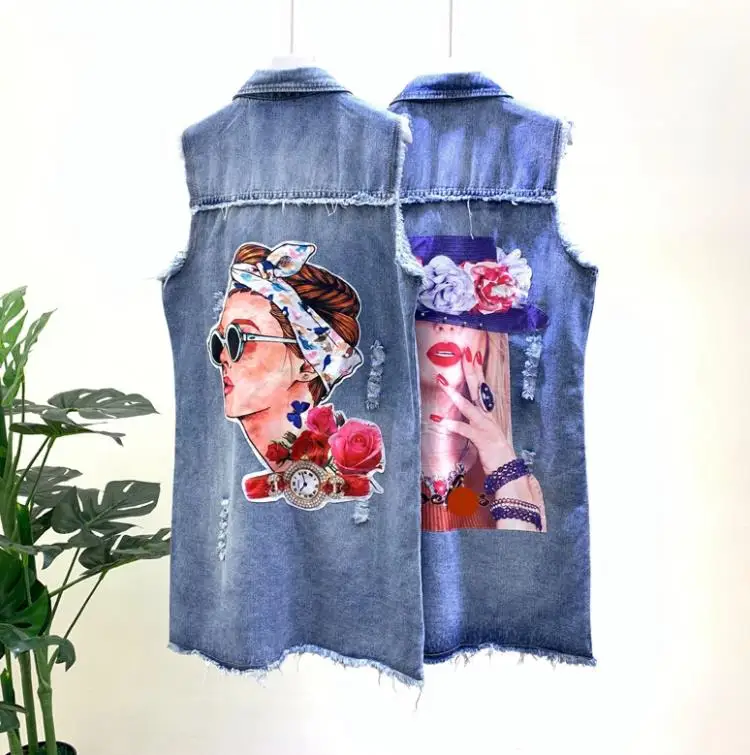 

2019 New Fashion Spring Summer Women Printed Long Sleeveless Denim Vest Women Hole Denim Vests Jeans Jacket Top 1933
