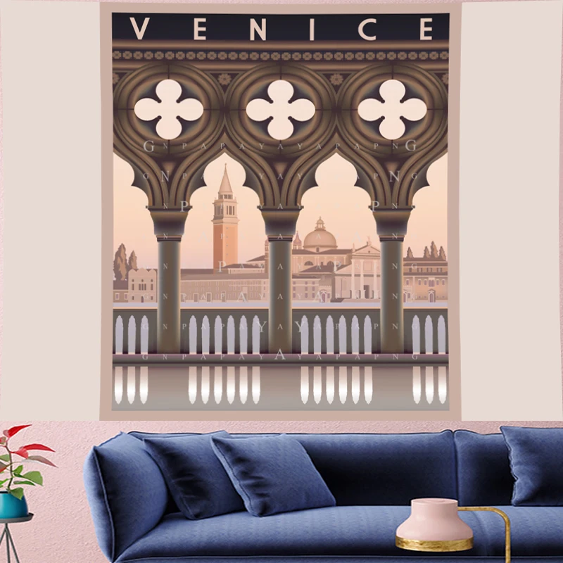 

Vintage VENICE building Tapestry Nostalgic Pattern Retro landscape poster Wall Hanging persoanlity Home Decor Art Wall Carpets