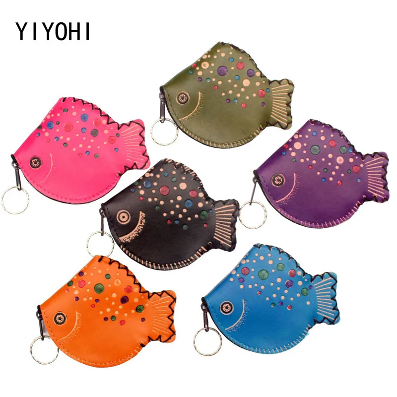 

Cute Fish Leather Keychain Zipper Bag Cartoon Fish Pattern Change Mini Coin Pouch Features Girls Small Coin Bank Case Kids