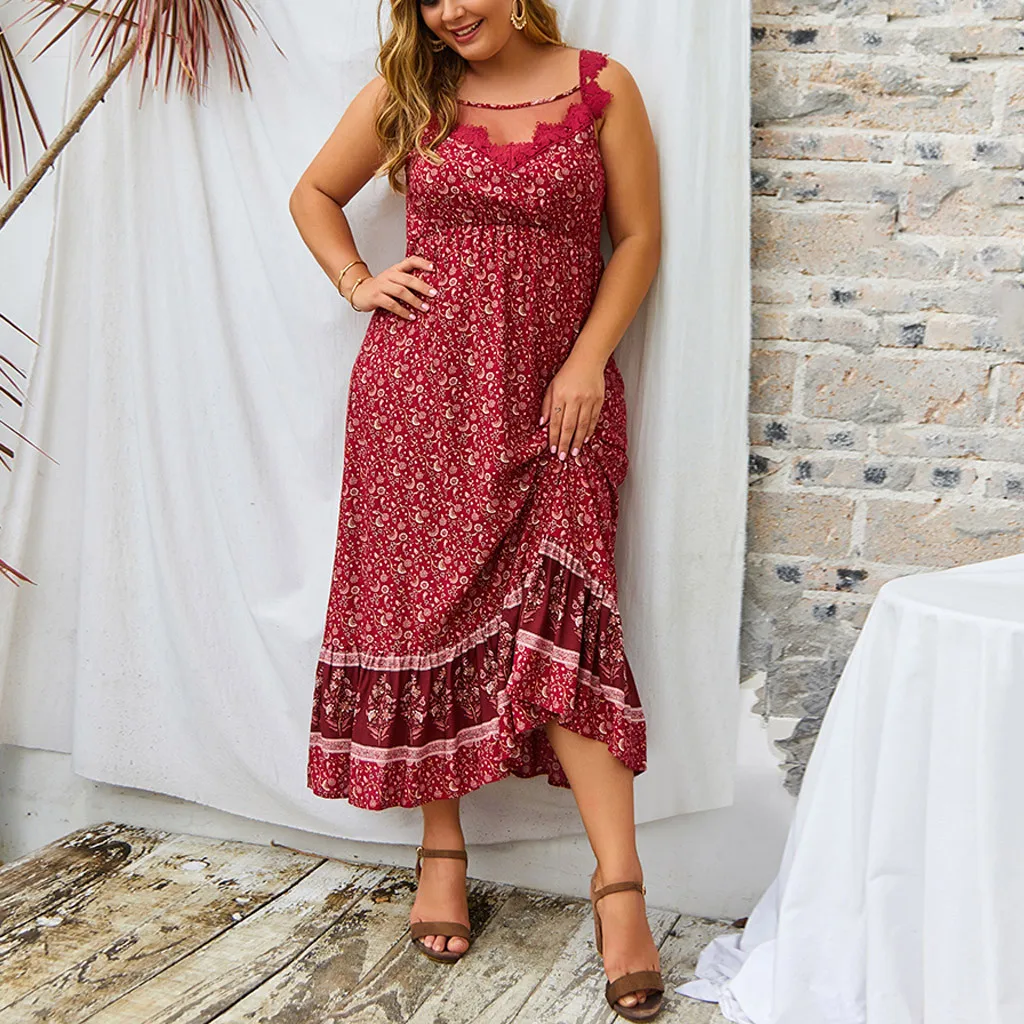 

Plus Size Bohemian dot print women summer dress V-neck ruffled vintage female dress Elastic plus size lady party dress