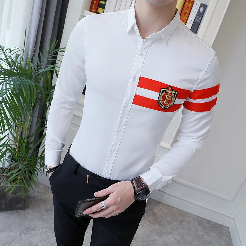 

Spring And Autumn Men Shrit Fashion Embroidered Long Sleeve Casual Shirts Camisas Para Hombre Slim Fit Black White Shirt Men