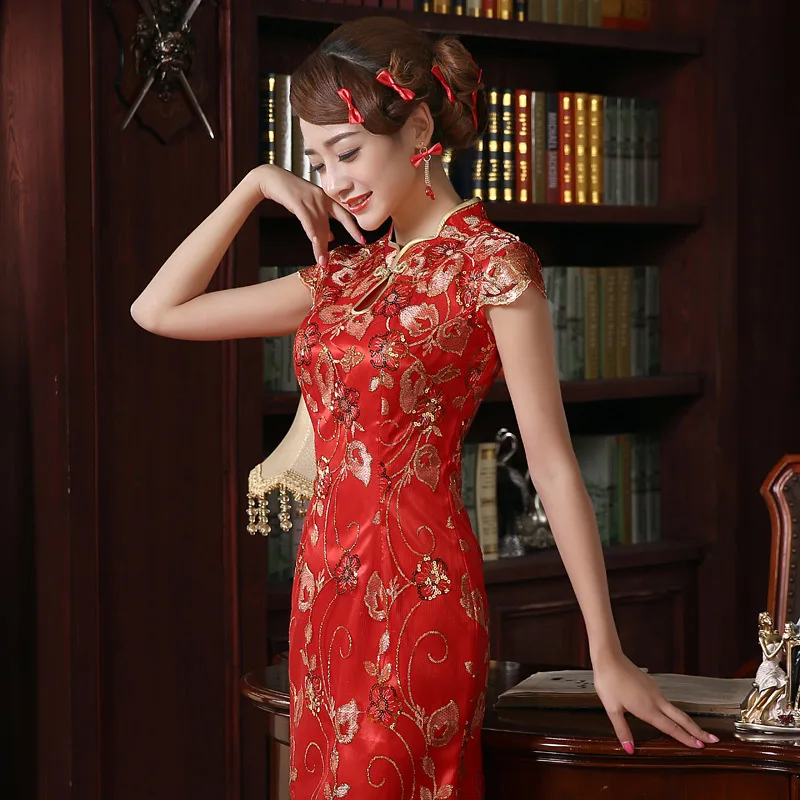 Красные и золотые свадебные вышитые бисером кружева qipao высокие дизайнерские