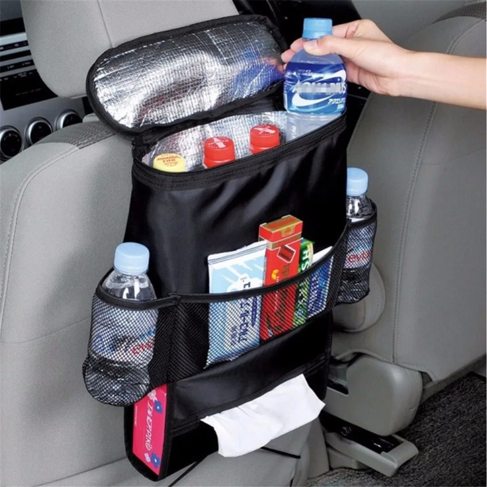 

Car Seat Organizer Multi-Pocket Auto Storage Bag Insulated Drink Storage Pouch Storage Holder with Mesh Pockets Tissue Dispenser