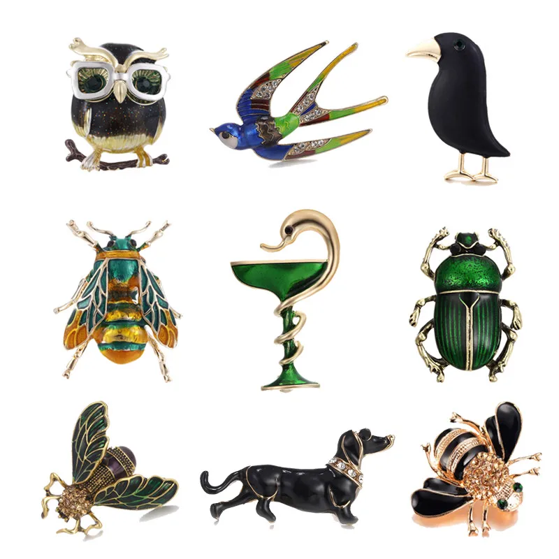 

Enacolor 9 Styles Insect Beetle Owl Brooch Pin Enamel Bee Bird Dog Animal Broach Female Hijab Pin Male Suit Lapel Pin Brosh