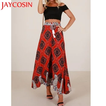 

JAYCOSIN 2018 Summer Women Bohemian High Waist Bandage Button Beach Print Maxi Skirt skirts womens 0718