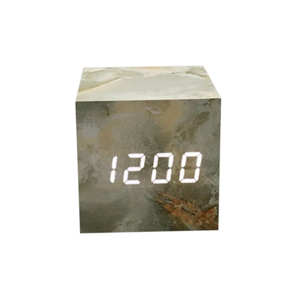 СВЕТОДИОДНЫЙ цифровой Часы мраморный стиль Голосовое управление календарь термометр деревянный светодиодный цифровой будильник USB/AAA настольные часы - Цвет: F