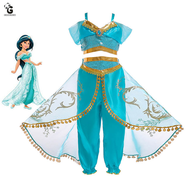 Jasmine Costume Kids Girls Belly Dancer Dress Aladdin Lamp Princess ...