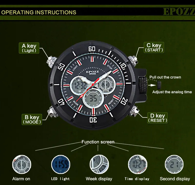 EPOZZ Мужские кварцевые часы с большим циферблатом, военные спортивные мужские часы в стиле панк, светодиодный дисплей, резиновый ремешок, Relogio Masculino, водонепроницаемые